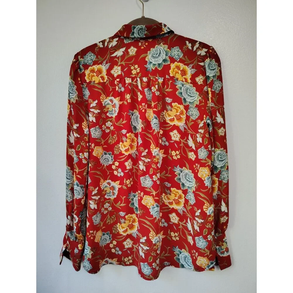 LOFT Red Floral Button Front Blouse Women's Small Cottagecore Boho Top - Picture 5 of 7